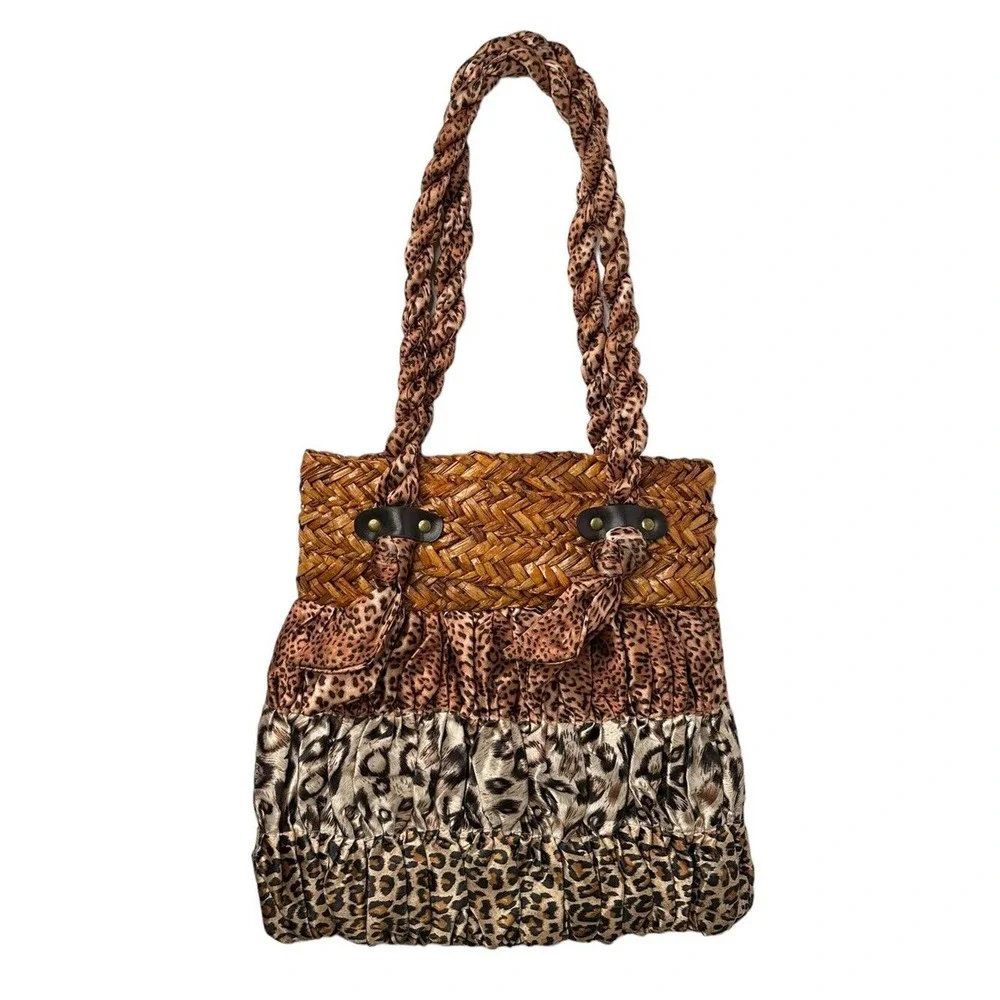 Capelli Straworld Double Handle Leopard Cheetah Mixed Print Satiny Bag Purse - Picture 5 of 9